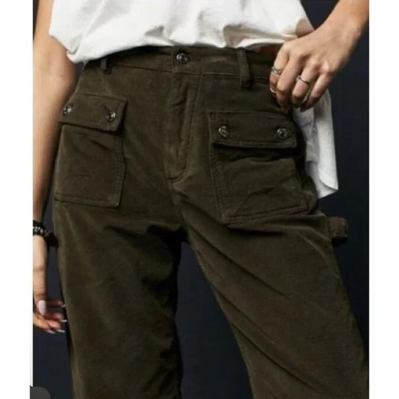 Free People Olive Green Boho Kyo Corduroy Carpenter Utility Pant 2 High Rise - Picture 2 of 9